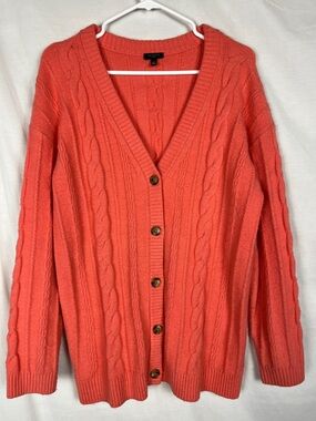 Talbots Coral Wool Blend V Neck Fisherman Style Button Up Cardigan
